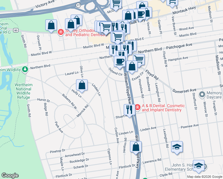 map of restaurants, bars, coffee shops, grocery stores, and more near 78 Corbin Avenue in Shirley