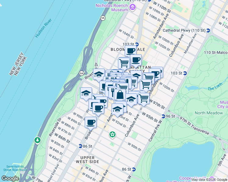map of restaurants, bars, coffee shops, grocery stores, and more near 2554 Broadway in New York