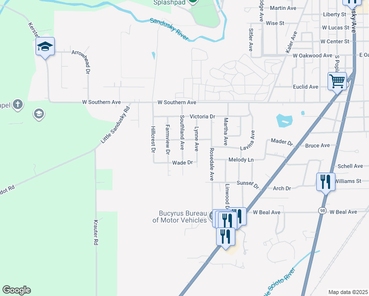 map of restaurants, bars, coffee shops, grocery stores, and more near 1285 Southland Avenue in Bucyrus