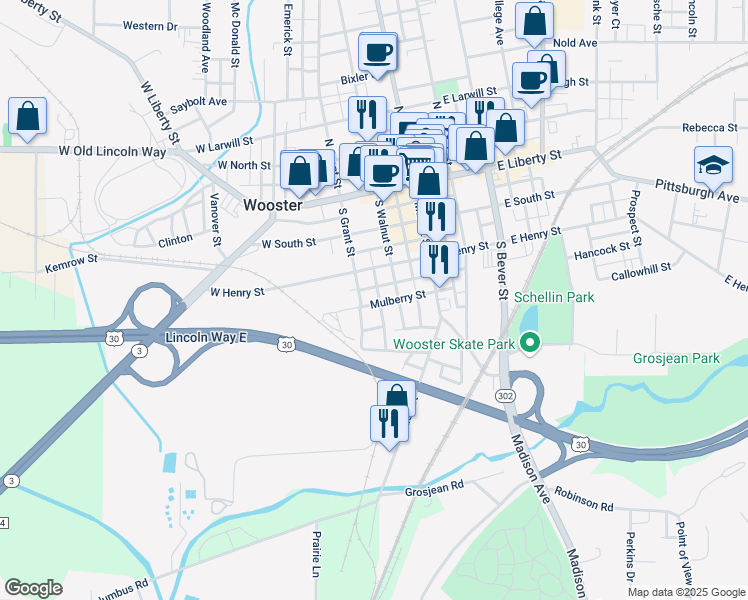 map of restaurants, bars, coffee shops, grocery stores, and more near 248 Mulberry Street in Wooster