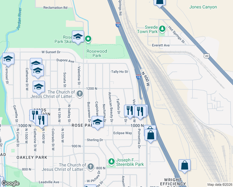 map of restaurants, bars, coffee shops, grocery stores, and more near 1139 Taffeta Drive in Salt Lake City