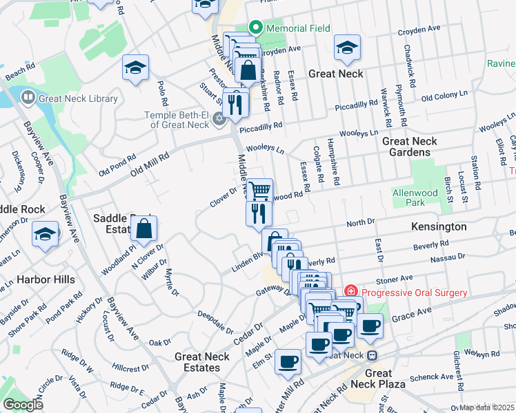 map of restaurants, bars, coffee shops, grocery stores, and more near 208 Middle Neck Road in Great Neck