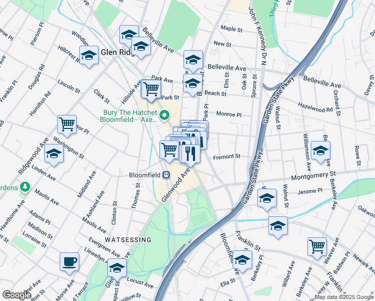 map of restaurants, bars, coffee shops, grocery stores, and more near 23 Broad Street in Bloomfield
