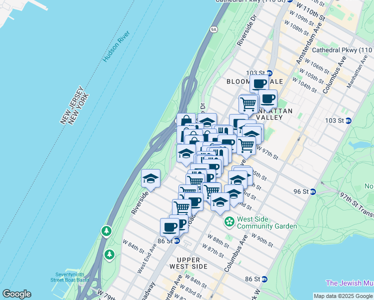 map of restaurants, bars, coffee shops, grocery stores, and more near 317 West 93rd Street in New York