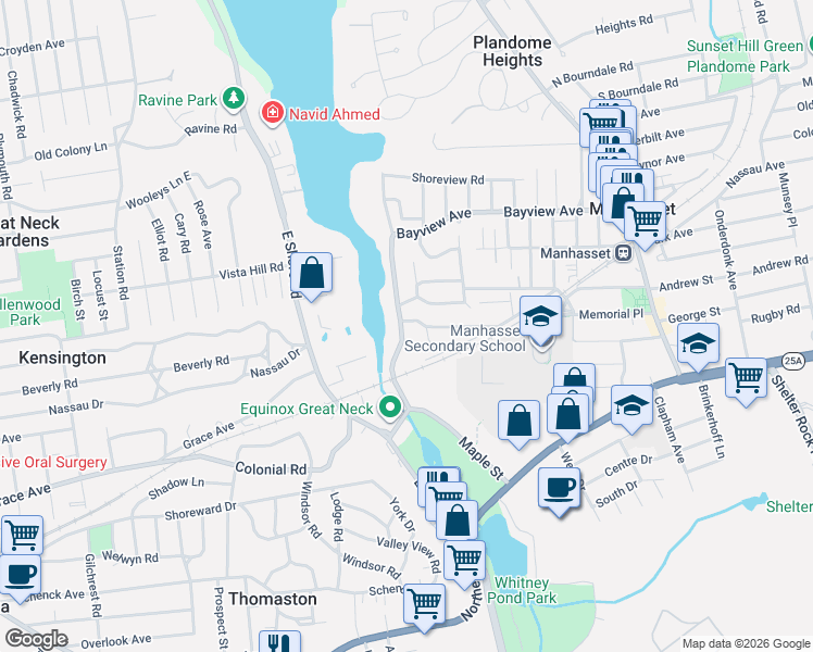 map of restaurants, bars, coffee shops, grocery stores, and more near 300 Thompson Shore Road in Manhasset