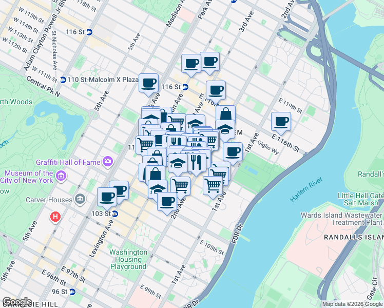 map of restaurants, bars, coffee shops, grocery stores, and more near 236 East 111th Street in New York