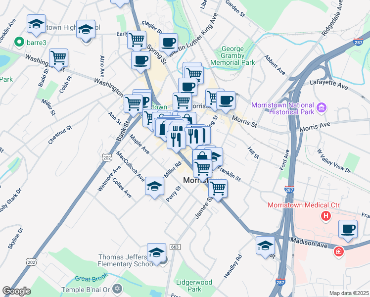map of restaurants, bars, coffee shops, grocery stores, and more near 100 South Street in Morristown