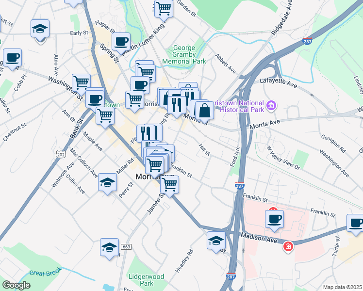 map of restaurants, bars, coffee shops, grocery stores, and more near 41 Elm Street in Morristown