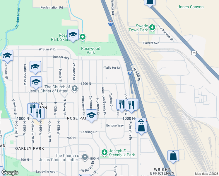 map of restaurants, bars, coffee shops, grocery stores, and more near 1139 Taffeta Drive in Salt Lake City