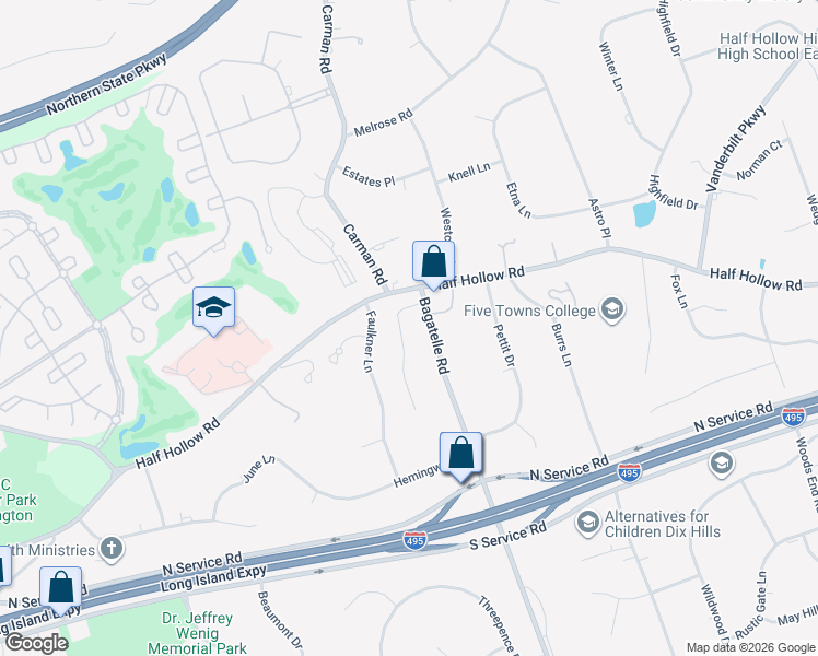 map of restaurants, bars, coffee shops, grocery stores, and more near 22 Faulkner Lane in Dix Hills