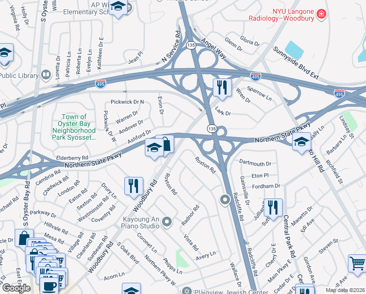 map of restaurants, bars, coffee shops, grocery stores, and more near 104 Roxton Road in Plainview