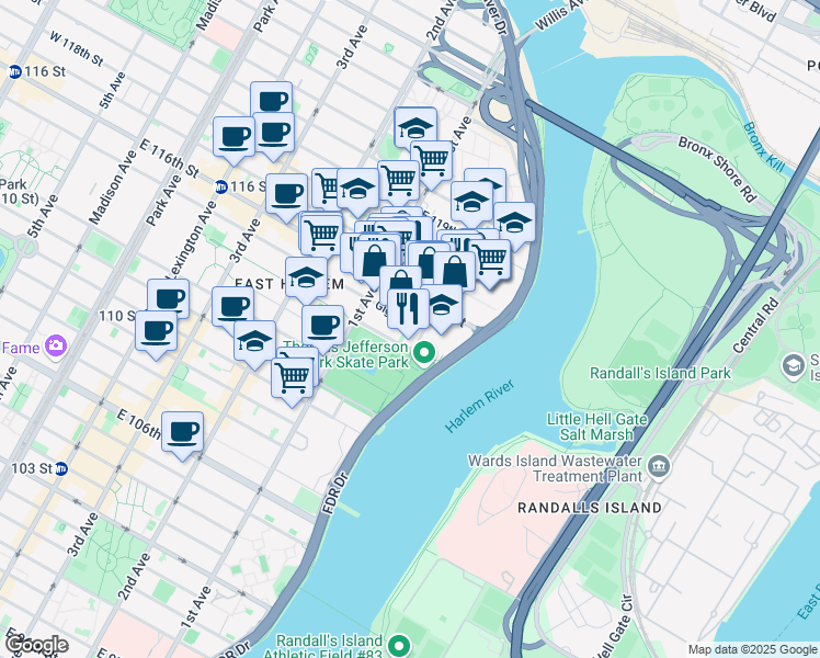 map of restaurants, bars, coffee shops, grocery stores, and more near in New York