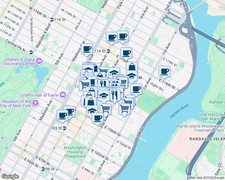map of restaurants, bars, coffee shops, grocery stores, and more near 236 East 111th Street in New York