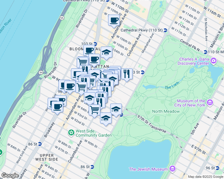 map of restaurants, bars, coffee shops, grocery stores, and more near 808 Columbus Avenue in New York