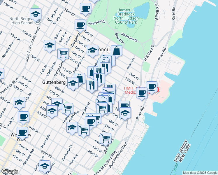 map of restaurants, bars, coffee shops, grocery stores, and more near 7203 Park Avenue in North Bergen