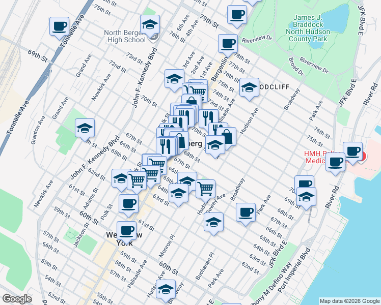 map of restaurants, bars, coffee shops, grocery stores, and more near 340 68th Street in Guttenberg