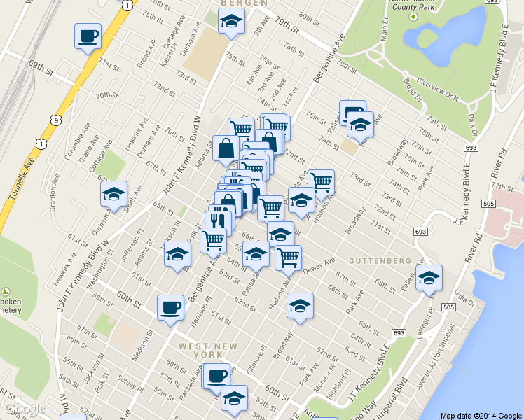 map of restaurants, bars, coffee shops, grocery stores, and more near 439 67th Street in West New York