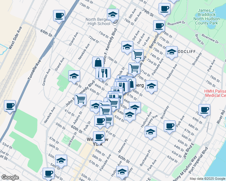 map of restaurants, bars, coffee shops, grocery stores, and more near 6518 Polk Street in West New York