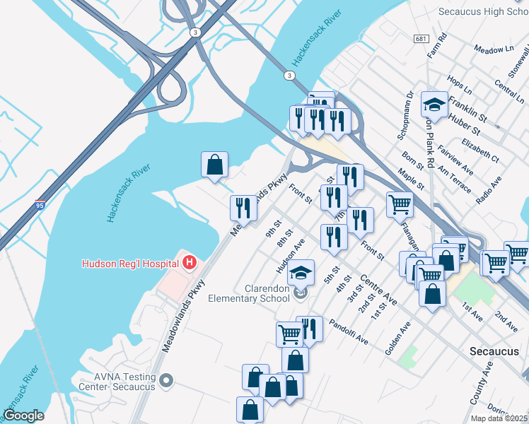 map of restaurants, bars, coffee shops, grocery stores, and more near 724 10th Street in Secaucus