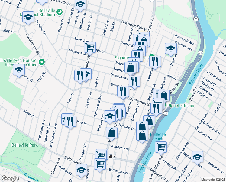 map of restaurants, bars, coffee shops, grocery stores, and more near 159 Joralemon Street in Belleville