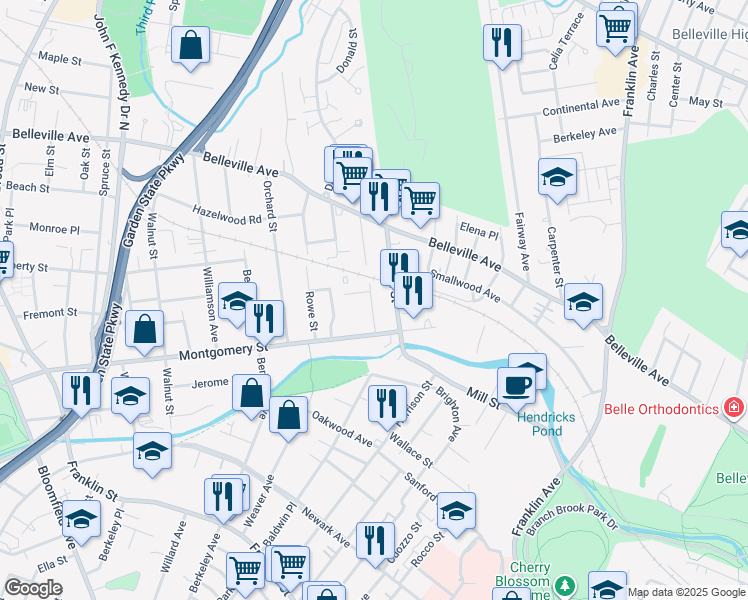 map of restaurants, bars, coffee shops, grocery stores, and more near 21 John Street in Bloomfield