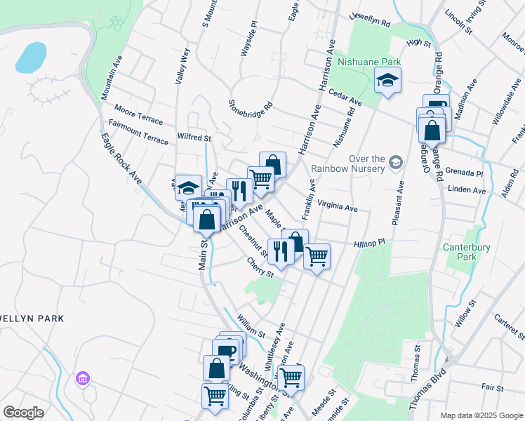 map of restaurants, bars, coffee shops, grocery stores, and more near 50 Maple Street in West Orange