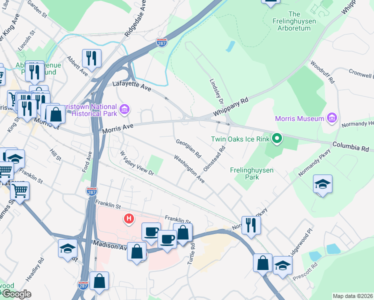 map of restaurants, bars, coffee shops, grocery stores, and more near 47 Georgian Road in Morristown