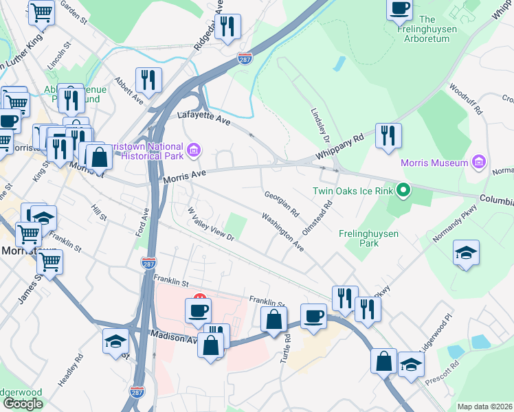 map of restaurants, bars, coffee shops, grocery stores, and more near 62 Washington Avenue in Morristown