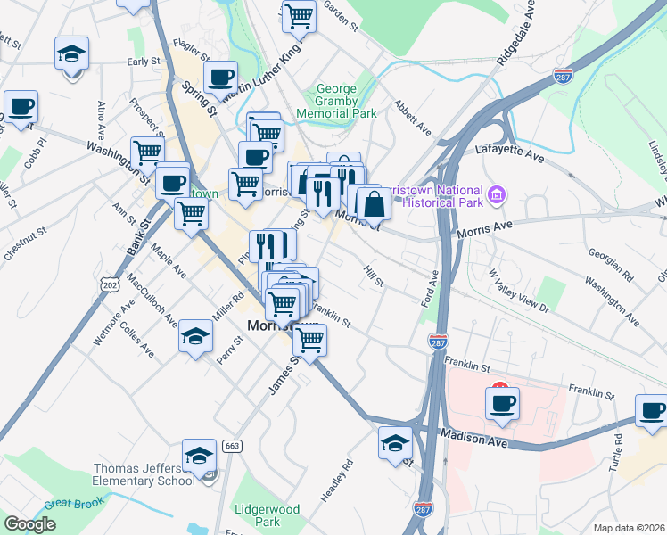 map of restaurants, bars, coffee shops, grocery stores, and more near 16 Altamont Court in Morristown