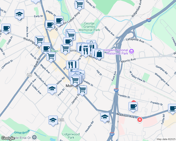 map of restaurants, bars, coffee shops, grocery stores, and more near 16 Altamont Court in Morristown