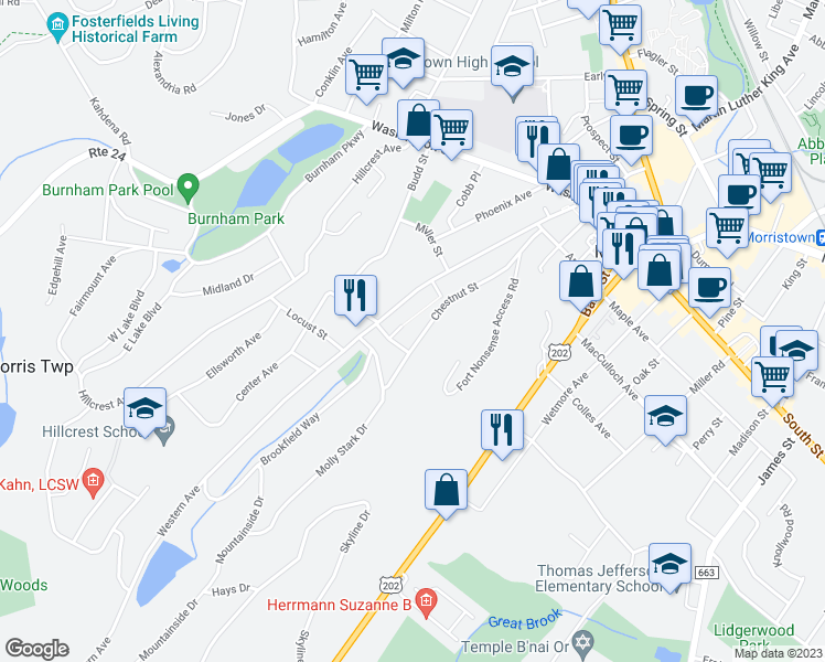 map of restaurants, bars, coffee shops, grocery stores, and more near 82 Chestnut Street in Morristown