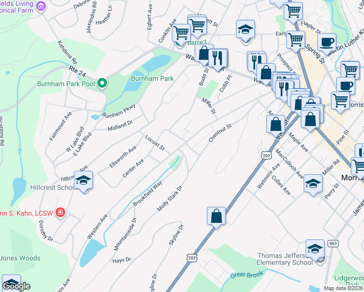 map of restaurants, bars, coffee shops, grocery stores, and more near 5 Cherry Street in Morristown