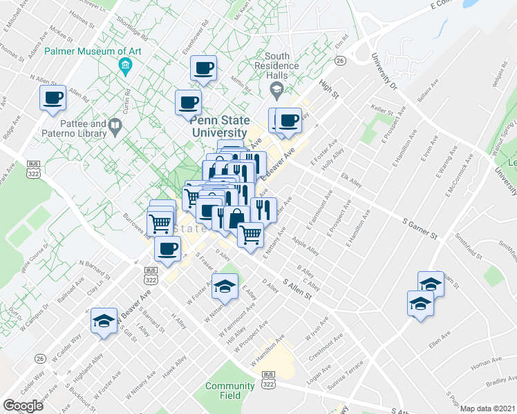 map of restaurants, bars, coffee shops, grocery stores, and more near 200 Highland Avenue in State College