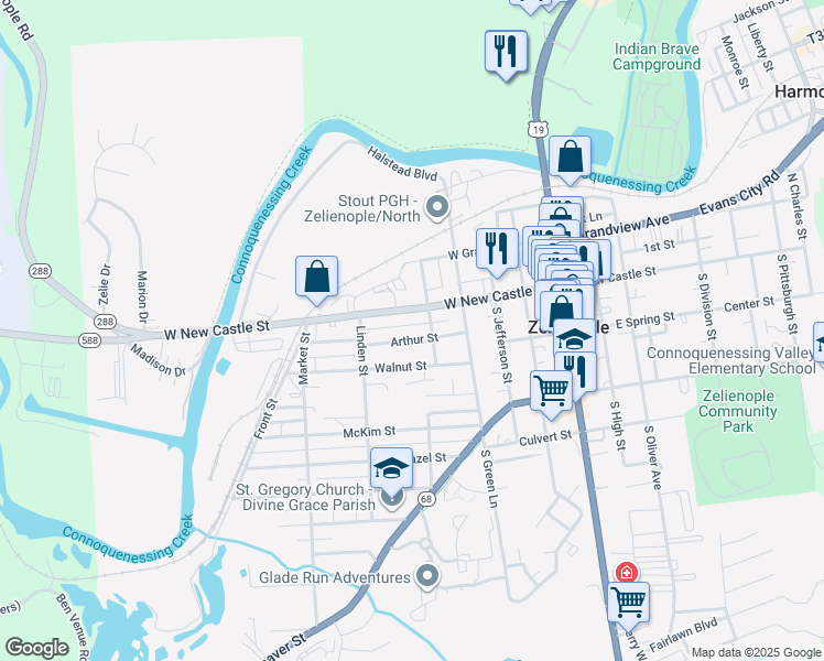 map of restaurants, bars, coffee shops, grocery stores, and more near 240 Arthur Street in Zelienople