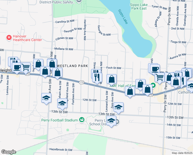 map of restaurants, bars, coffee shops, grocery stores, and more near 4030a Lincoln Way East in Massillon