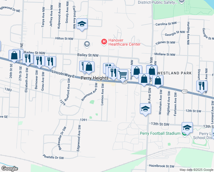map of restaurants, bars, coffee shops, grocery stores, and more near 200 Proudley Avenue Southwest in Massillon