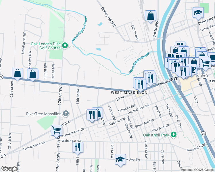map of restaurants, bars, coffee shops, grocery stores, and more near 941 Lincoln Highway in Massillon
