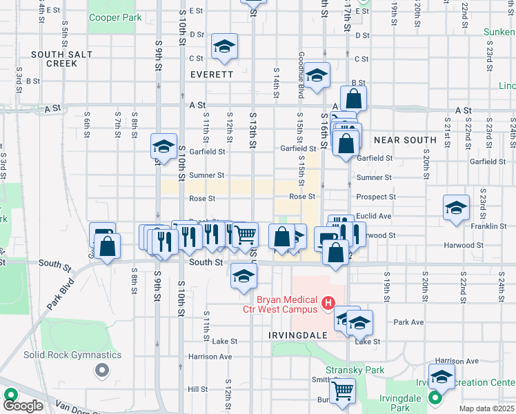 map of restaurants, bars, coffee shops, grocery stores, and more near 1320 Peach Street in Lincoln