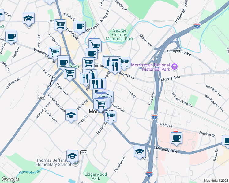 map of restaurants, bars, coffee shops, grocery stores, and more near 2 Altamont Court in Morristown