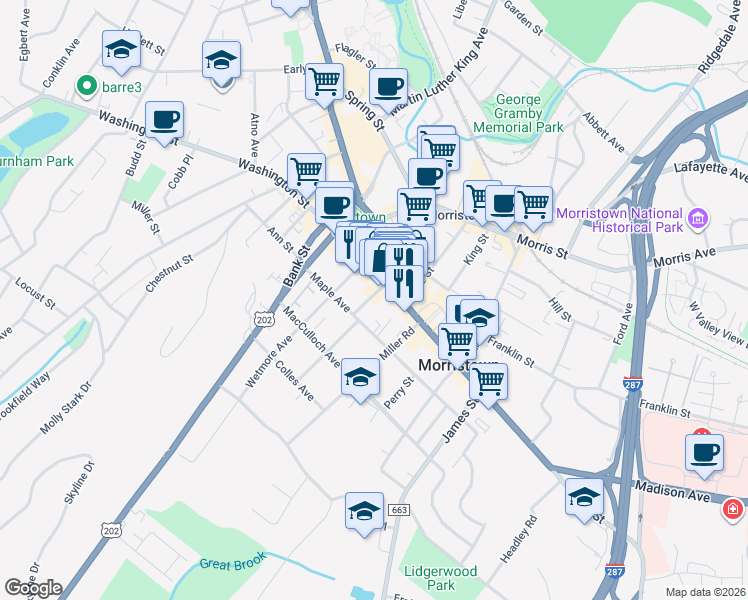 map of restaurants, bars, coffee shops, grocery stores, and more near 20 Community Place in Morristown