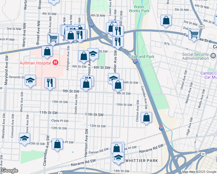 map of restaurants, bars, coffee shops, grocery stores, and more near 815 Dueber Avenue Southwest in Canton