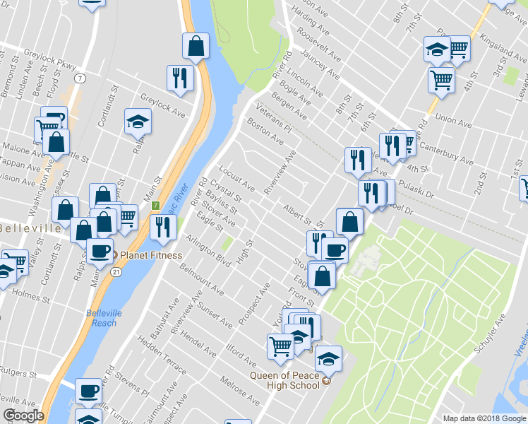 map of restaurants, bars, coffee shops, grocery stores, and more near 201 Biltmore Street in North Arlington