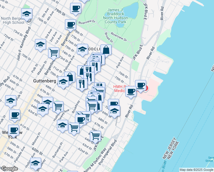 map of restaurants, bars, coffee shops, grocery stores, and more near Park Avenue & 73rd Street in North Bergen