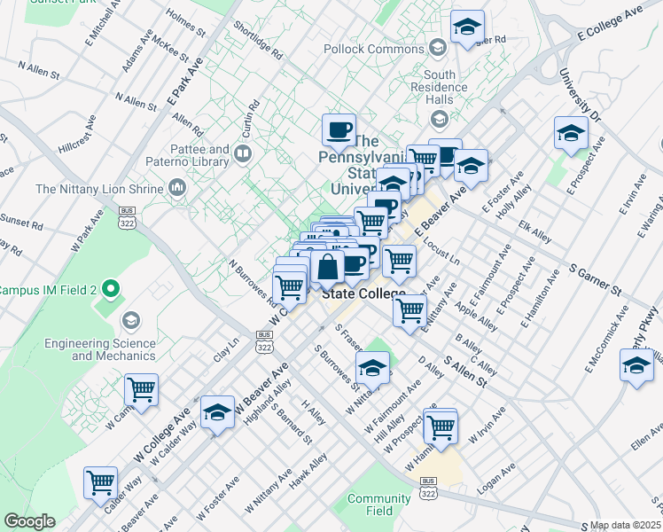 map of restaurants, bars, coffee shops, grocery stores, and more near 100 East College Avenue in State College