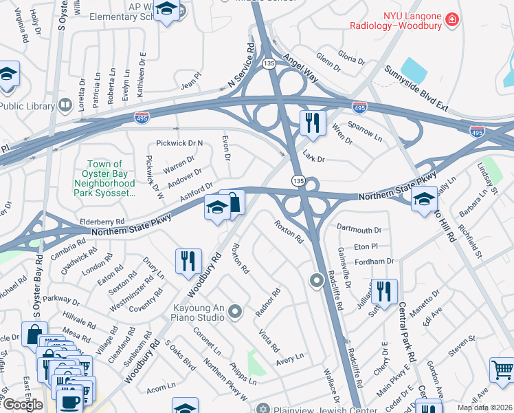 map of restaurants, bars, coffee shops, grocery stores, and more near 104 Roxton Road in Plainview