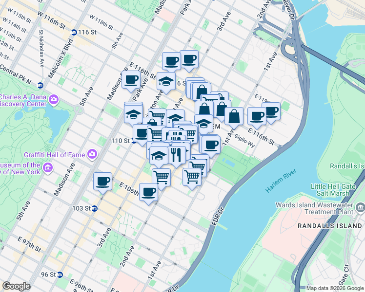 map of restaurants, bars, coffee shops, grocery stores, and more near 252 East 112th Street in New York