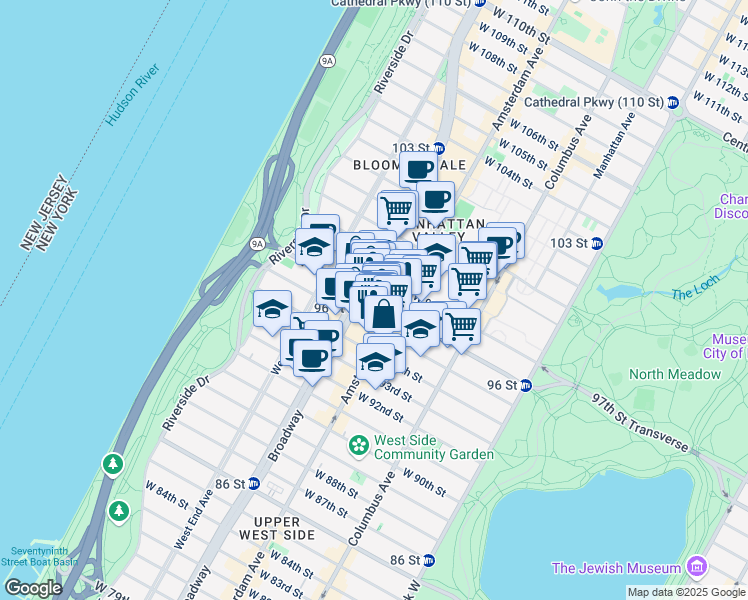 map of restaurants, bars, coffee shops, grocery stores, and more near 219 West 96th Street in New York