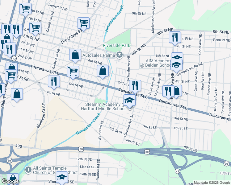 map of restaurants, bars, coffee shops, grocery stores, and more near 206 Warner Road Southeast in Canton
