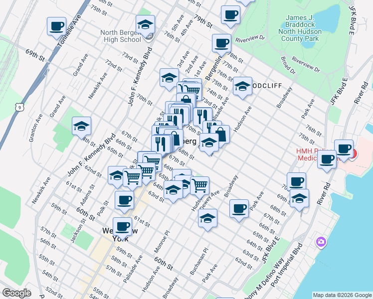 map of restaurants, bars, coffee shops, grocery stores, and more near 412 68th Street in Guttenberg