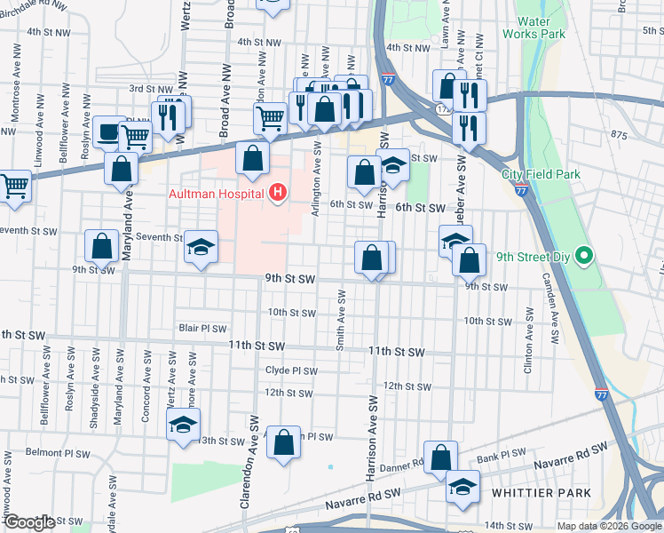 map of restaurants, bars, coffee shops, grocery stores, and more near 2310 Strasser Place Southwest in Canton